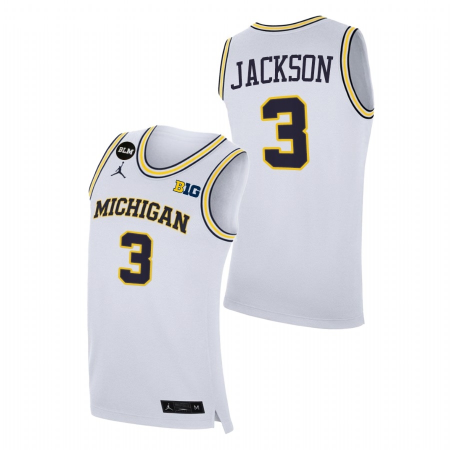 Michigan Wolverines Men's NCAA Zeb Jackson #3 White BLM College Basketball Jersey QHY8049WZ